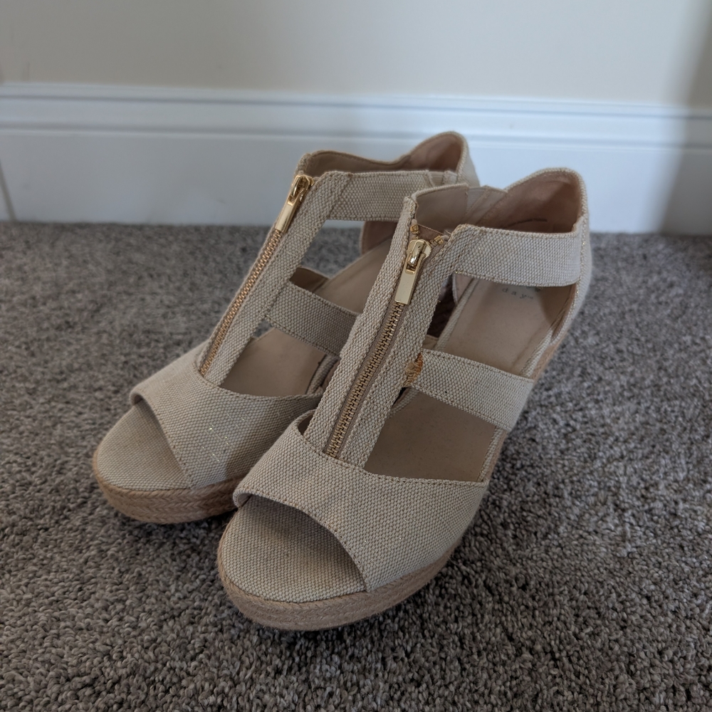 A New Day Cream Wedge Sandals with T-Strap Design